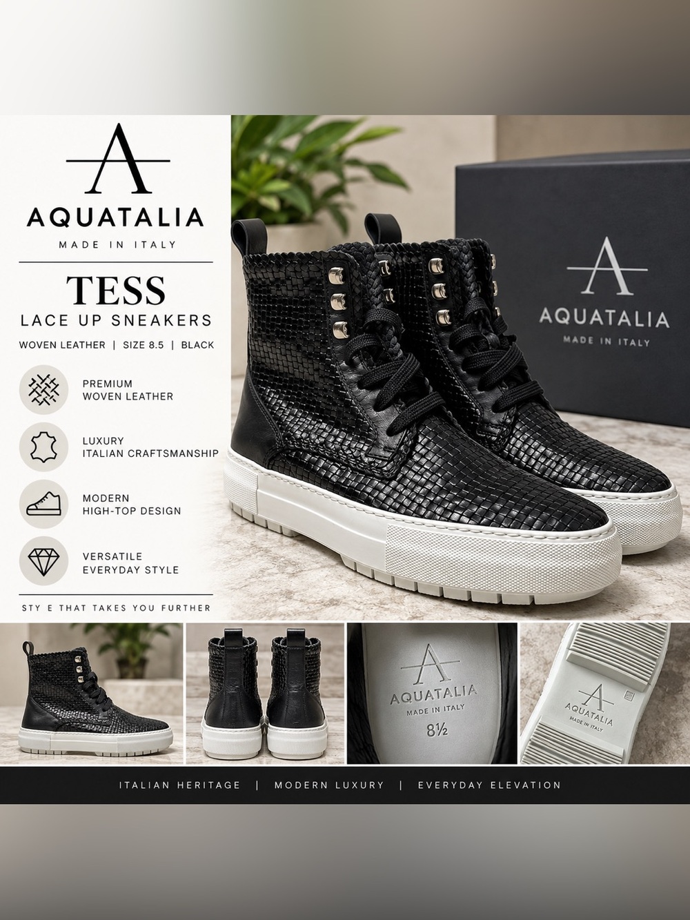 Aquatalia Tess Black Woven Leather Lace Up High Top Sneakers Women’s Size 8.5